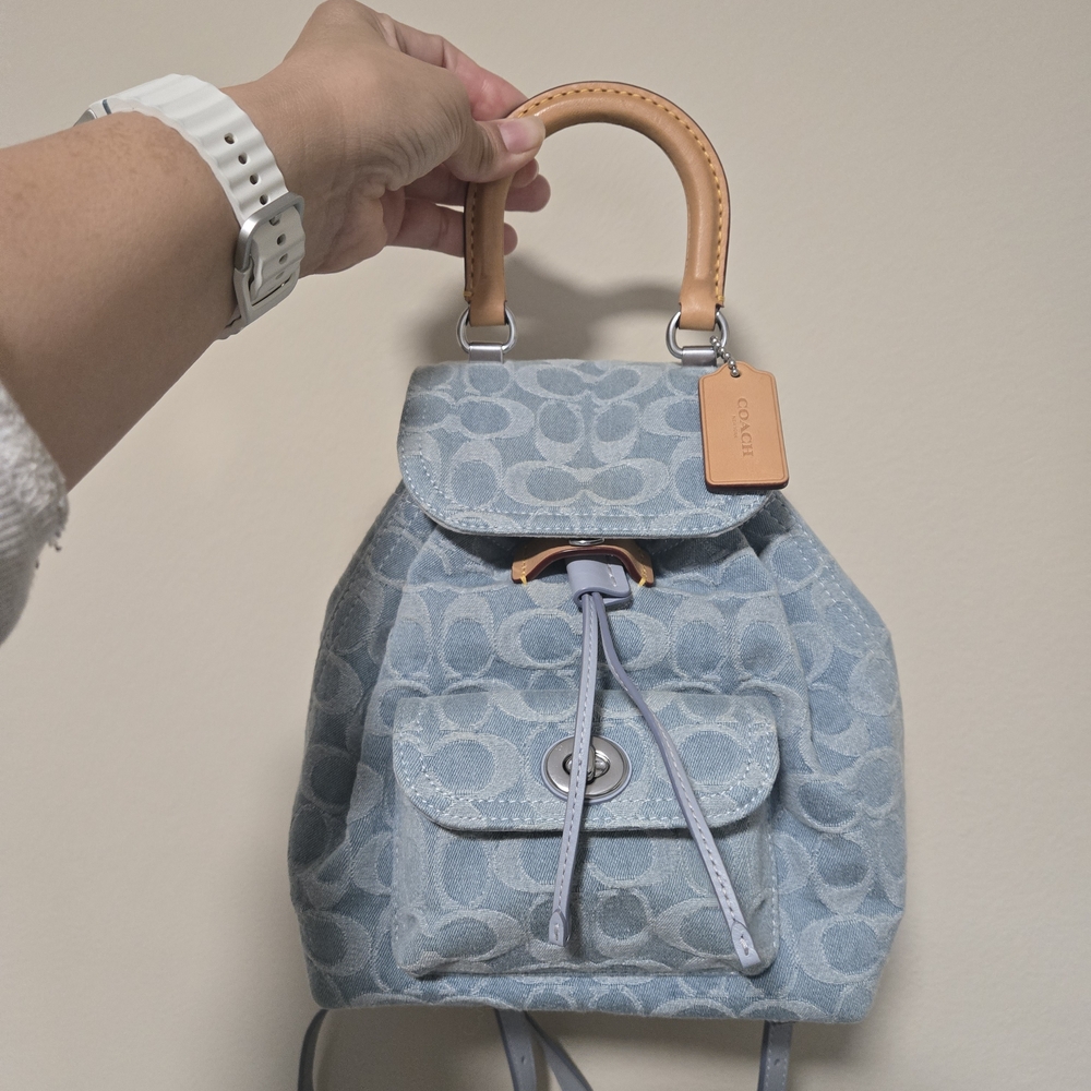 Coach Light Blue Signature Denim Backpack with Leather Top Handle